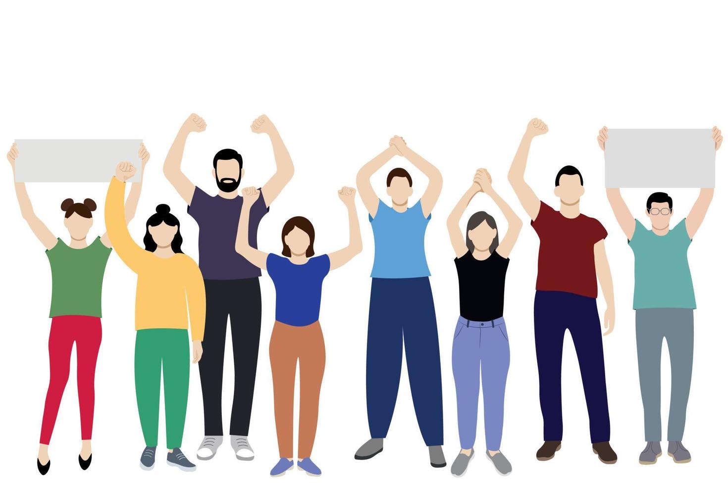 Set of girls and guys drawn in full length with arms raised above their heads, flat vector on white background, faceless illustration