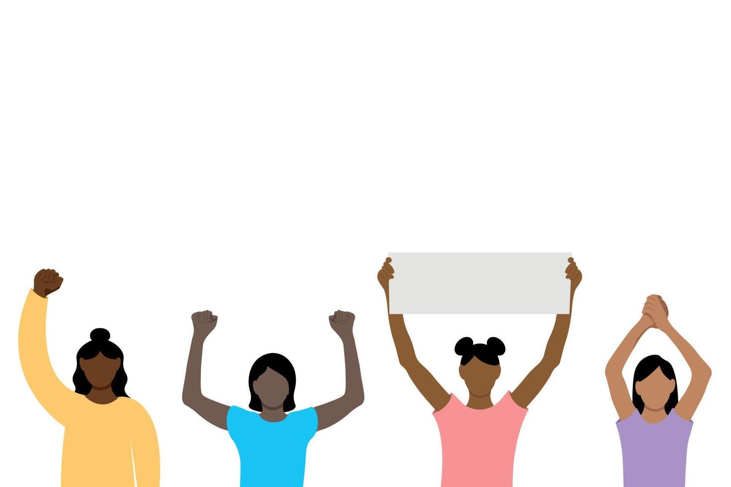 Set of black girls with their hands raised above their heads, flat vector on white background, faceless illustration, girls protest