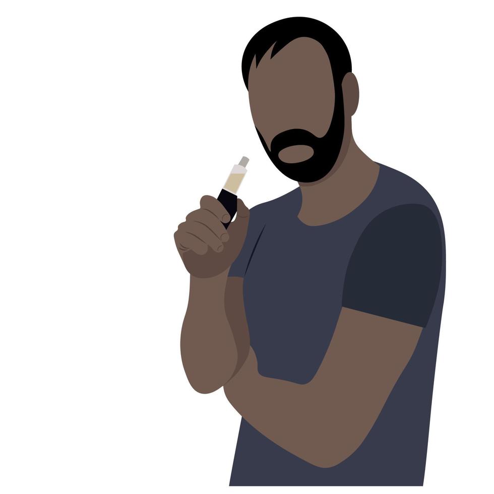 Faceless portrait of a black bearded man with an electronic cigarette in his hand, a flat vector on a white background, a faceless illustration