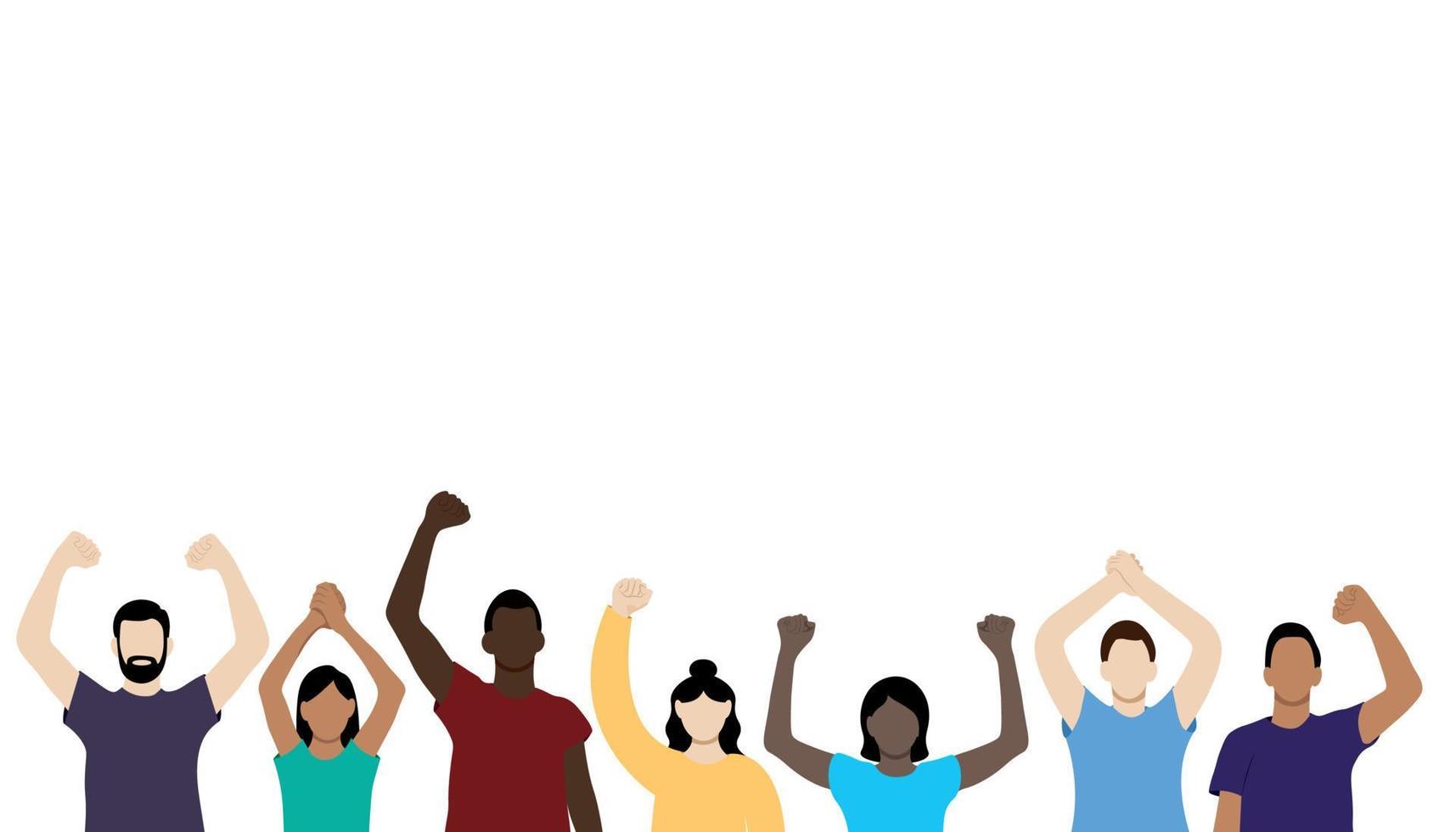 Set of portrait images of girls and guys of different nationalities with their hands raised above their heads, flat vector on a white background, faceless illustration