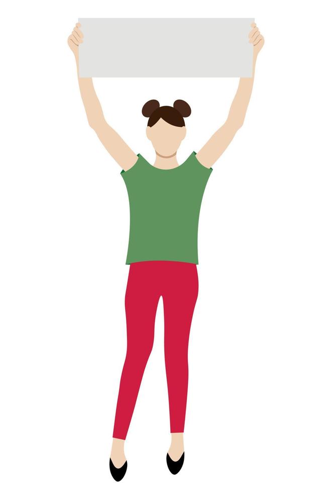 Portrait of a girl who raised a poster over his head, flat vector on a white background, faceless illustration