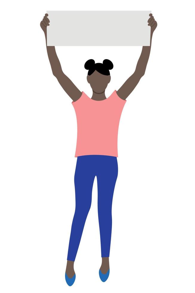 Portrait of a black girl who raised a poster over his head, flat vector on a white background, faceless illustration