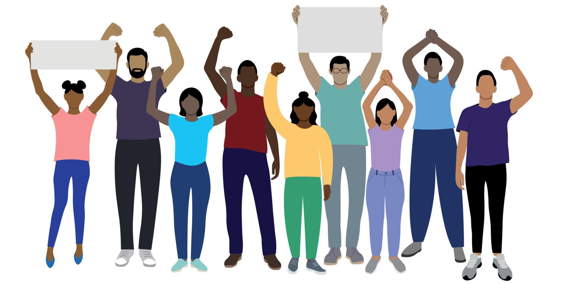 Set of black girls and guys drawn in full length with arms raised above their heads, flat vector on white background, faceless illustration
