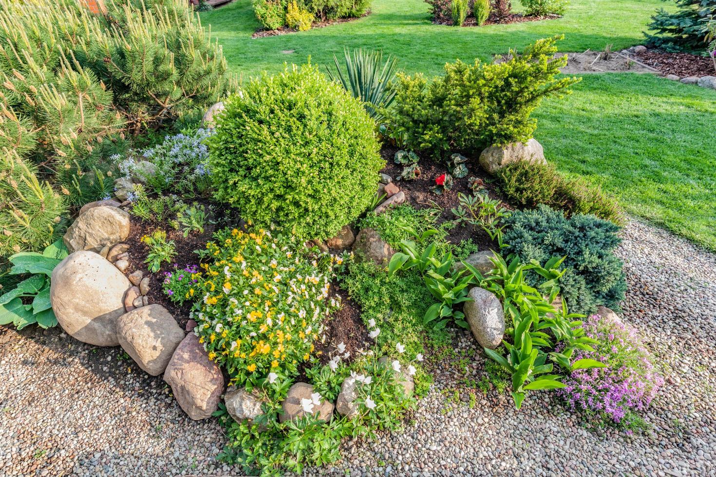 Landscaped summer garden with green plants, rocks, flowers in flowerbeds, mown grass. photo