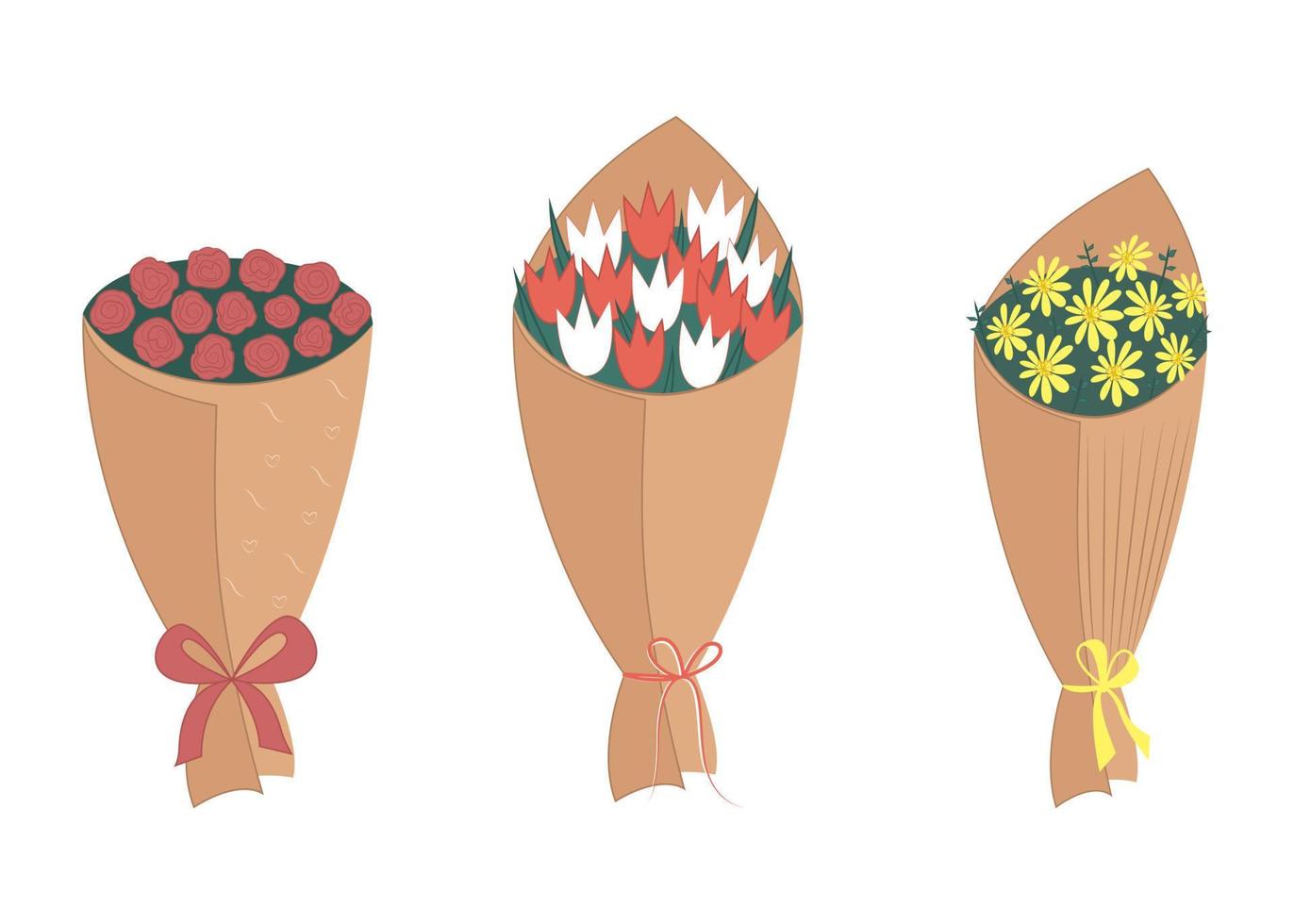 conjunto de ramo del día de la madre. tres ramos de flores diferentes en papel de regalo. hermosas rosas, tulipanes, crisantemos como regalo. concepto floral. ilustración vectorial en estilo plano. vector