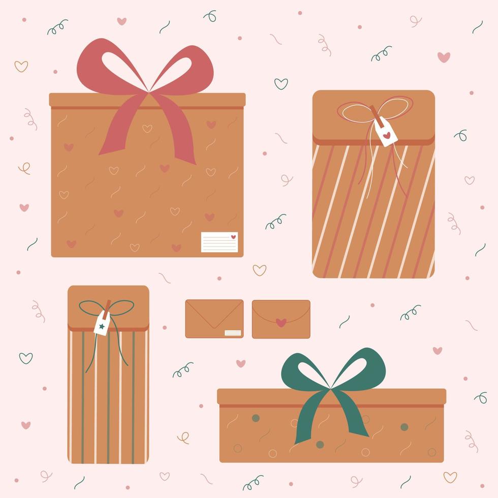 Present boxes set collection. Cute modern brown gift box, package, envelope with prints and ribbons. Vector illustration in flat style.