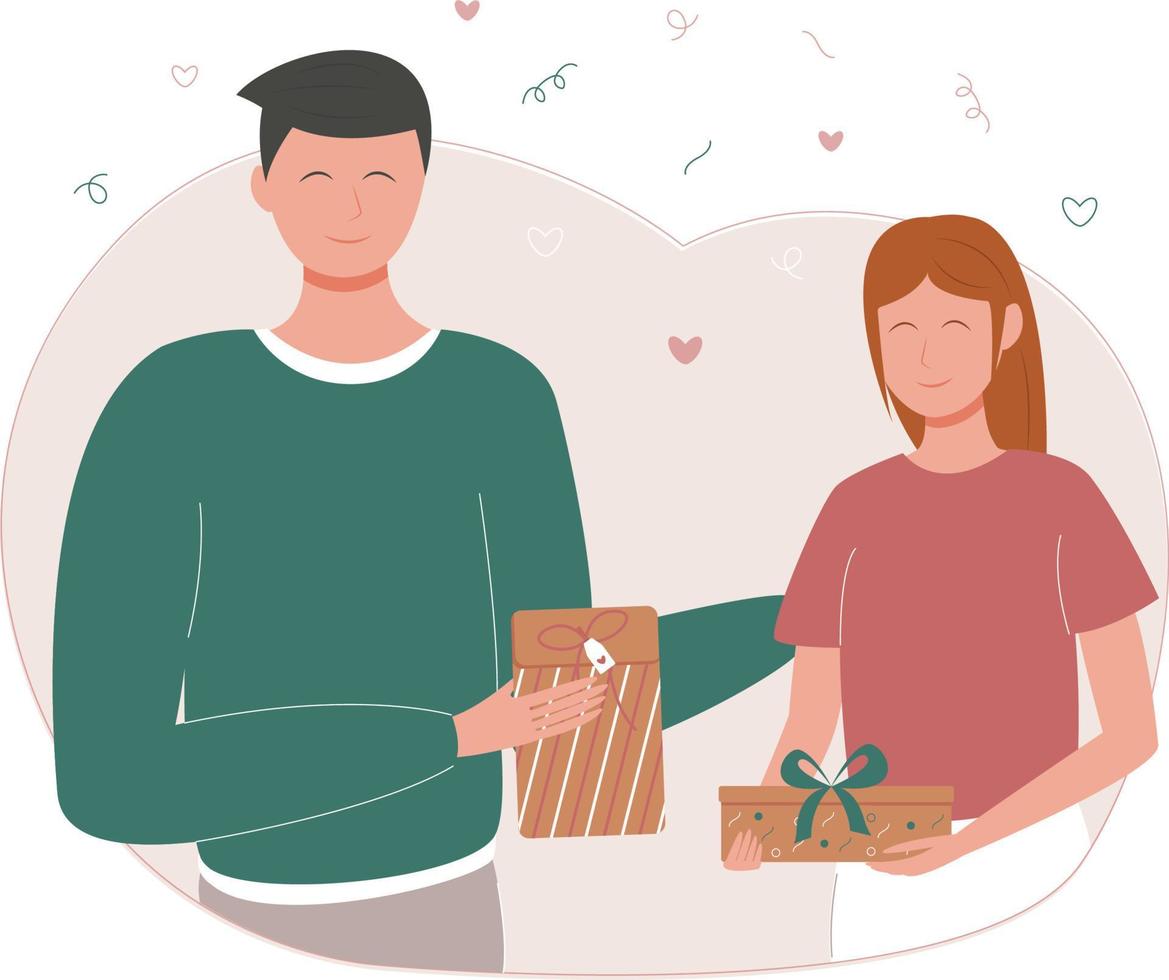 Man and woman with gifts. Young happy man and woman give gifts to each other. Smiling couple in love.Romantic cute concept, poster, banner, card. Vector illustration in flat style.