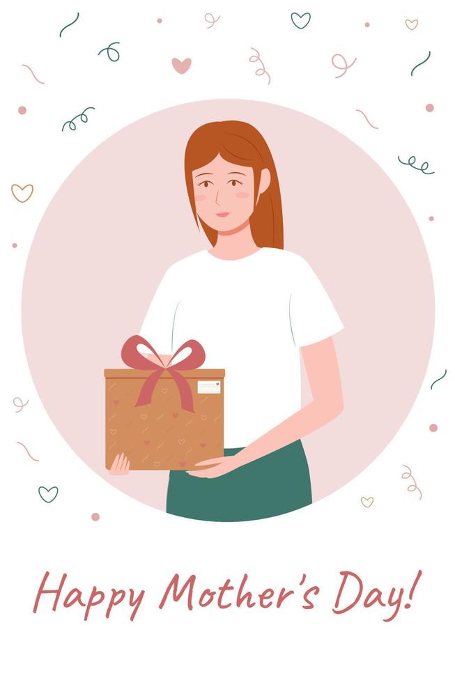 niña del día de la madre presente. niña sonriente sosteniendo un regalo para su madre. bonito concepto, afiche, pancarta, tarjeta para el día de la madre. ilustración vectorial en estilo plano. vector