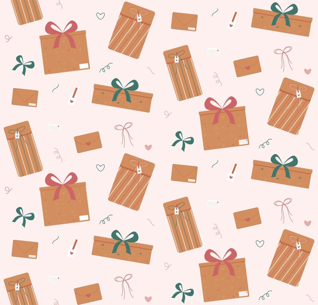 Present boxes pattern. Cute modern brown gift box, package, envelope with prints and ribbons. Vector illustration in flat style.