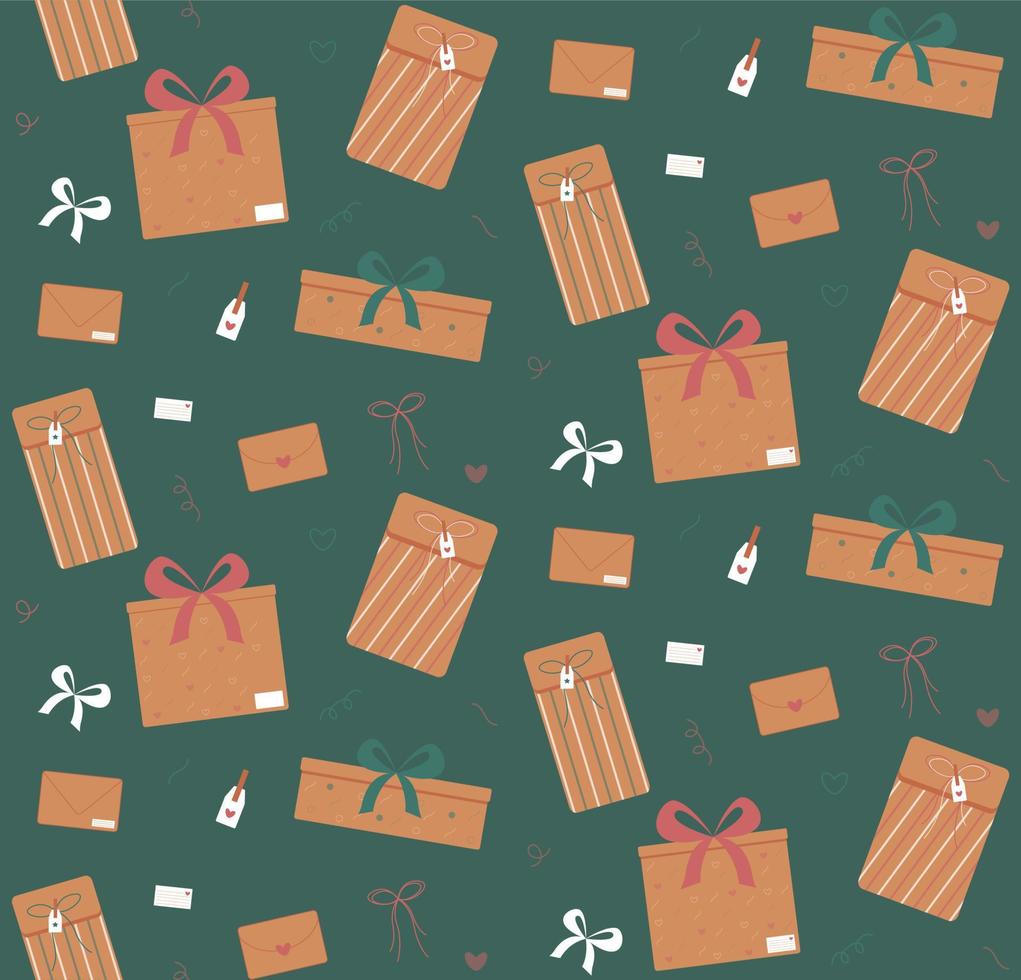 Present boxes pattern. Cute modern brown gift box, package, envelope with prints and ribbons on a green background. Vector illustration in flat style.