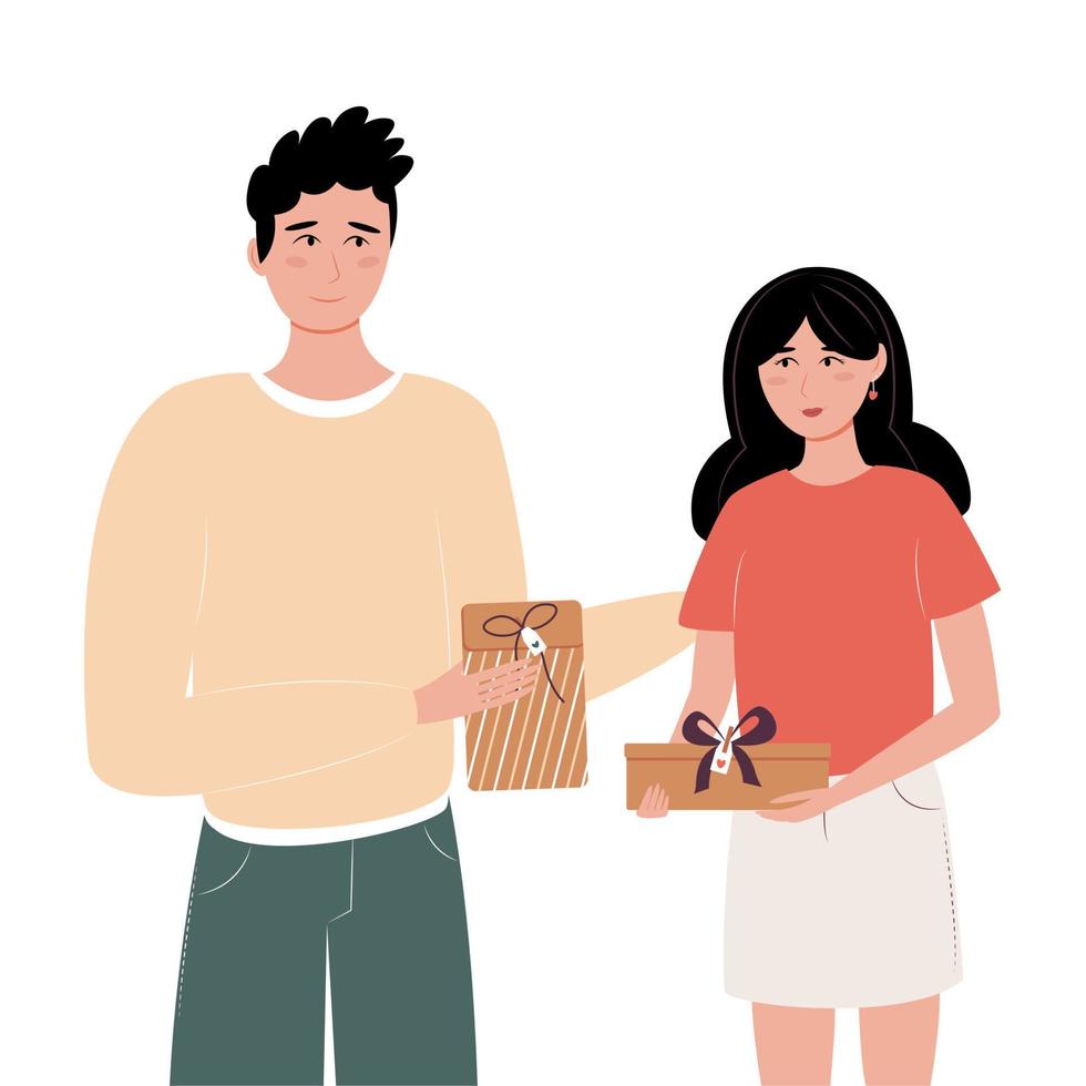 concepto actual de hombre y mujer. un joven feliz y una mujer se dan regalos el uno al otro. pareja sonriente enamorada. concepto lindo romántico, cartel, pancarta, tarjeta. ilustración vectorial en estilo plano. vector