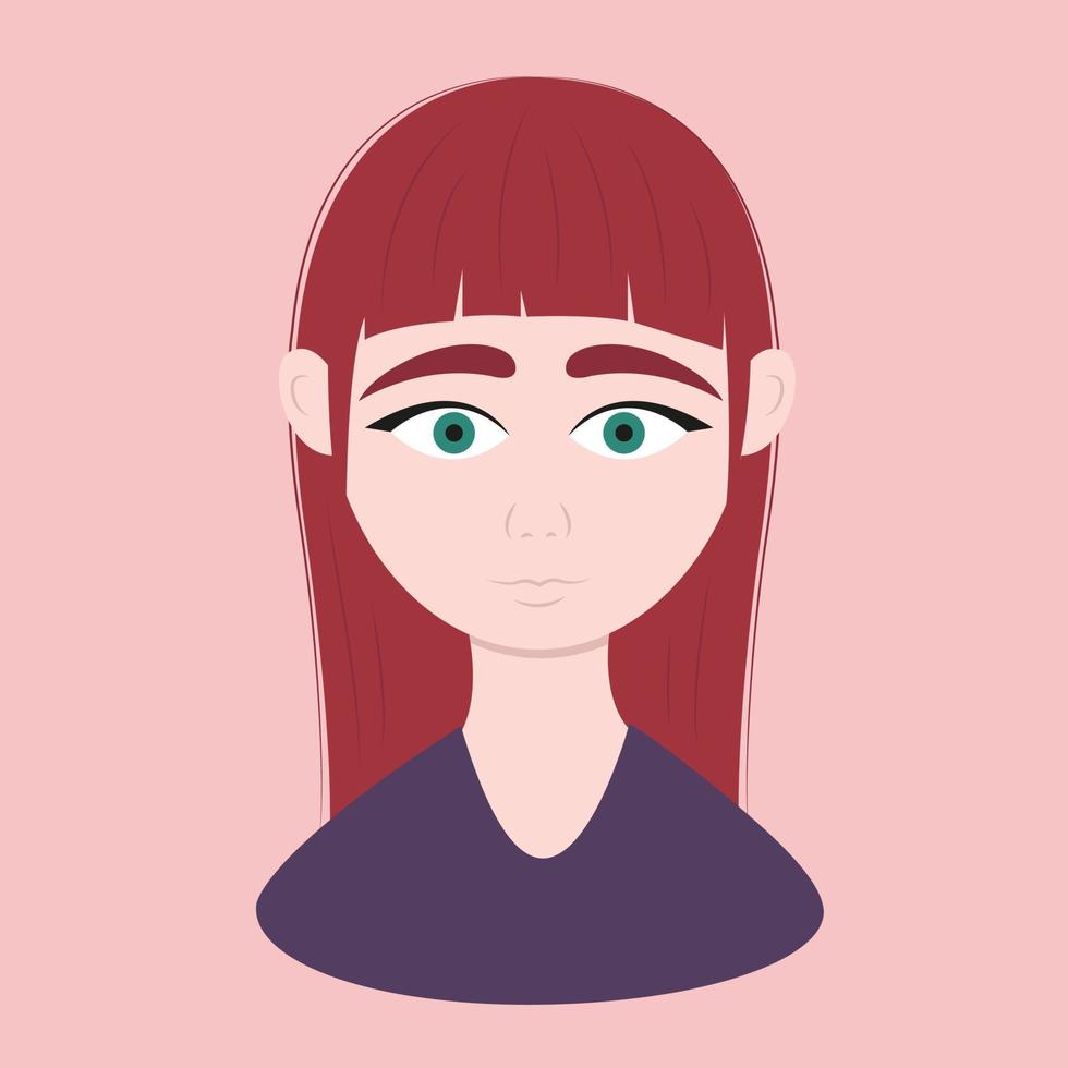 Woman different race portrait cartoon. Beautiful European girl with red hair on pink background. Ethnic diversity and tolerance. Vector illustration in flat cartoon style.