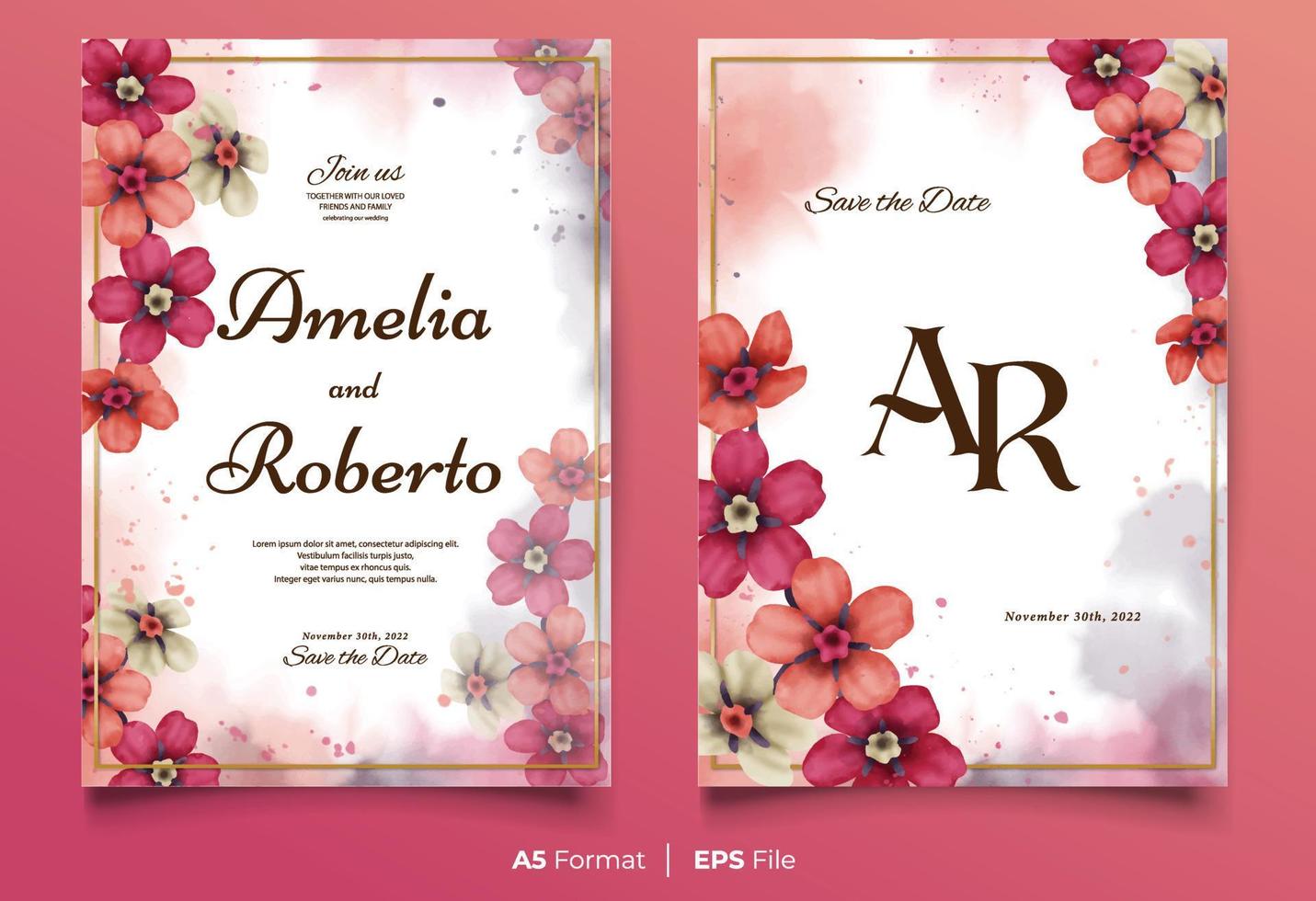 plantilla de invitación de boda de acuarela con adorno de flores de colores vector