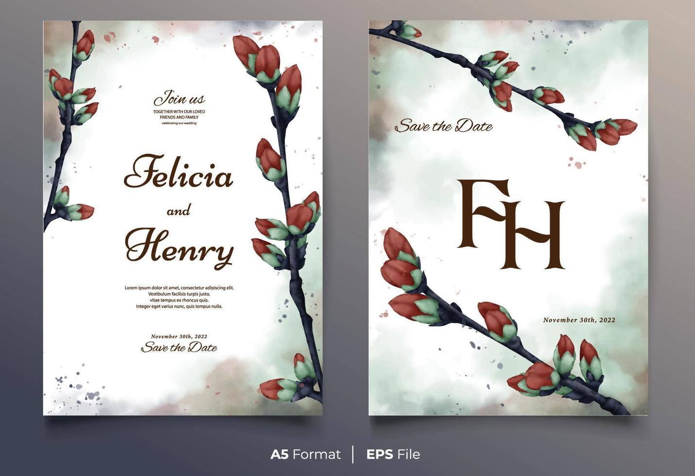 Watercolor wedding invitation template with red and green flower ornament vector