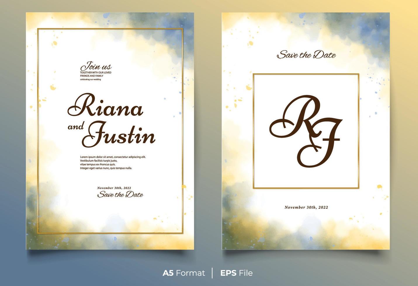 Simple blue and yellow watercolor wedding invitation template vector