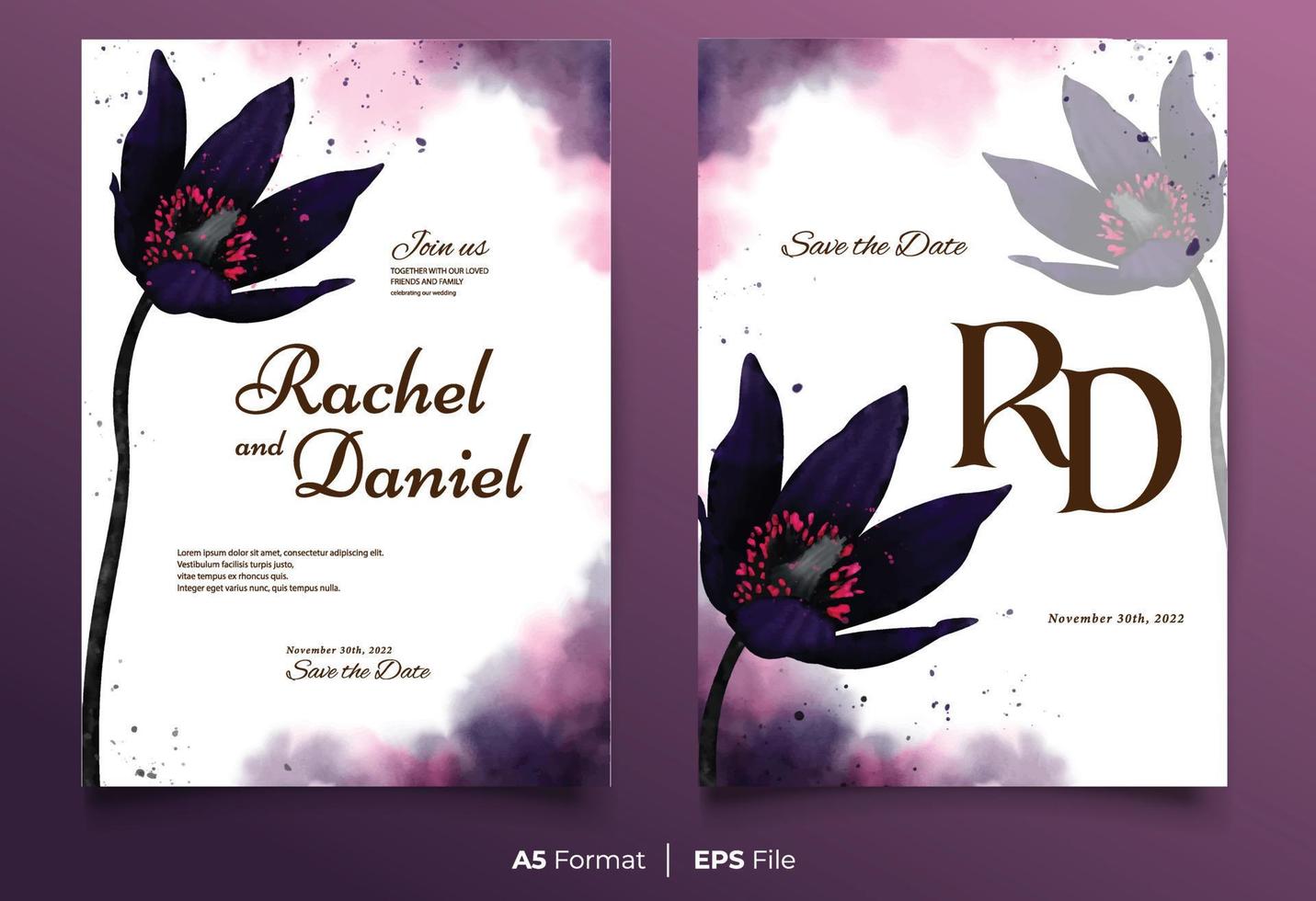 Watercolor wedding invitation template with black flower ornament vector