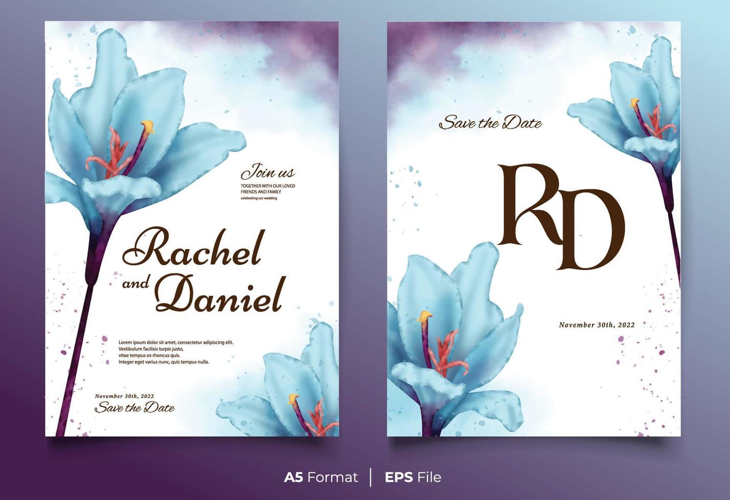 Watercolor wedding invitation template with blue flower ornament vector