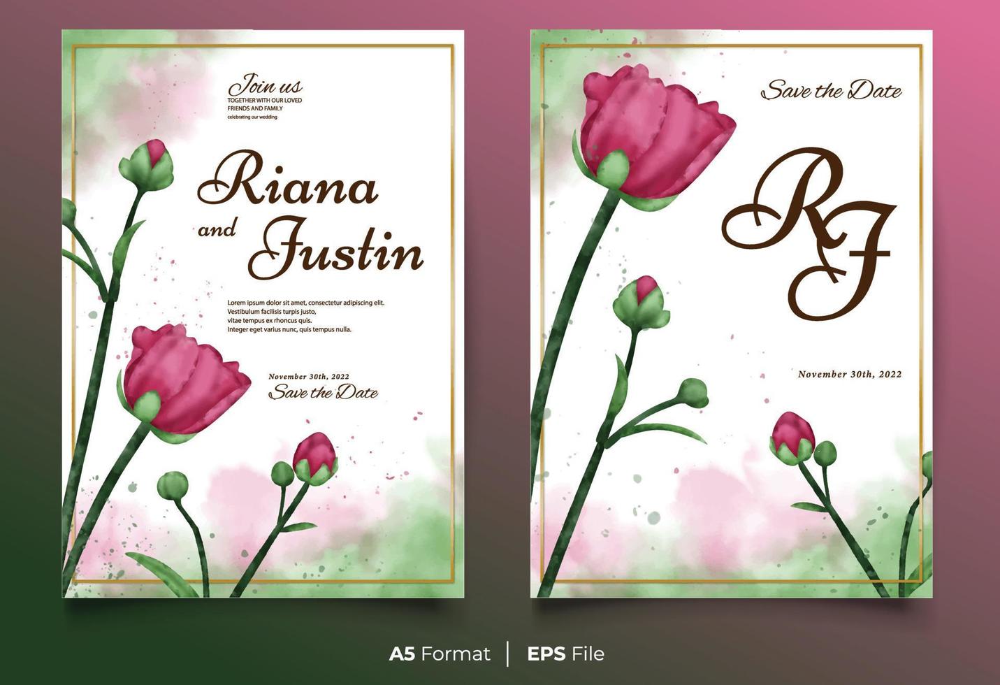 Watercolor wedding invitation template with pink and green flower ornament vector