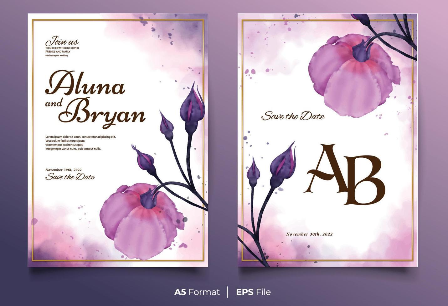 Watercolor wedding invitation template with purple flower ornament vector