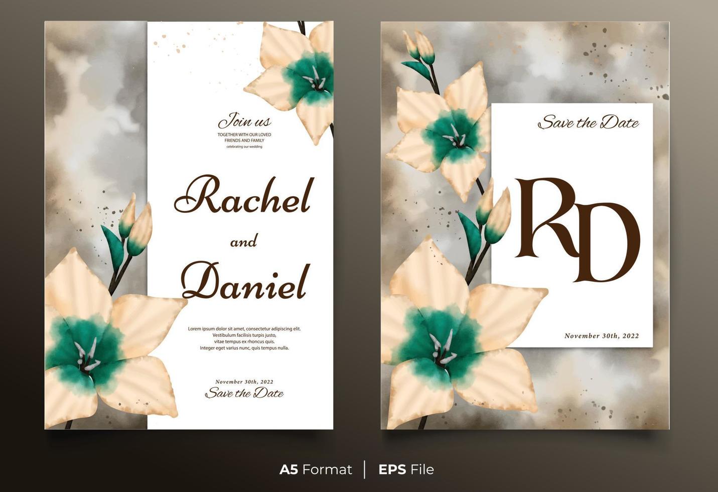 Watercolor wedding invitation template with peach and green flower ornament vector