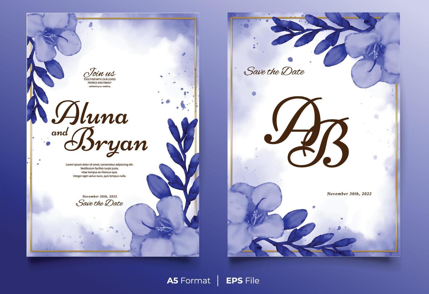 Watercolor wedding invitation template with blue flower ornament vector
