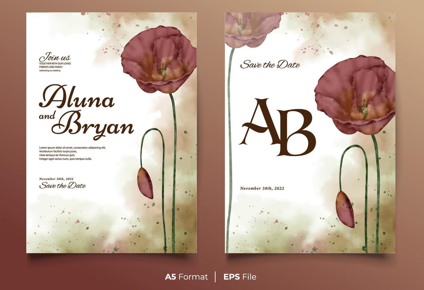 Watercolor wedding invitation template with red flower ornament vector