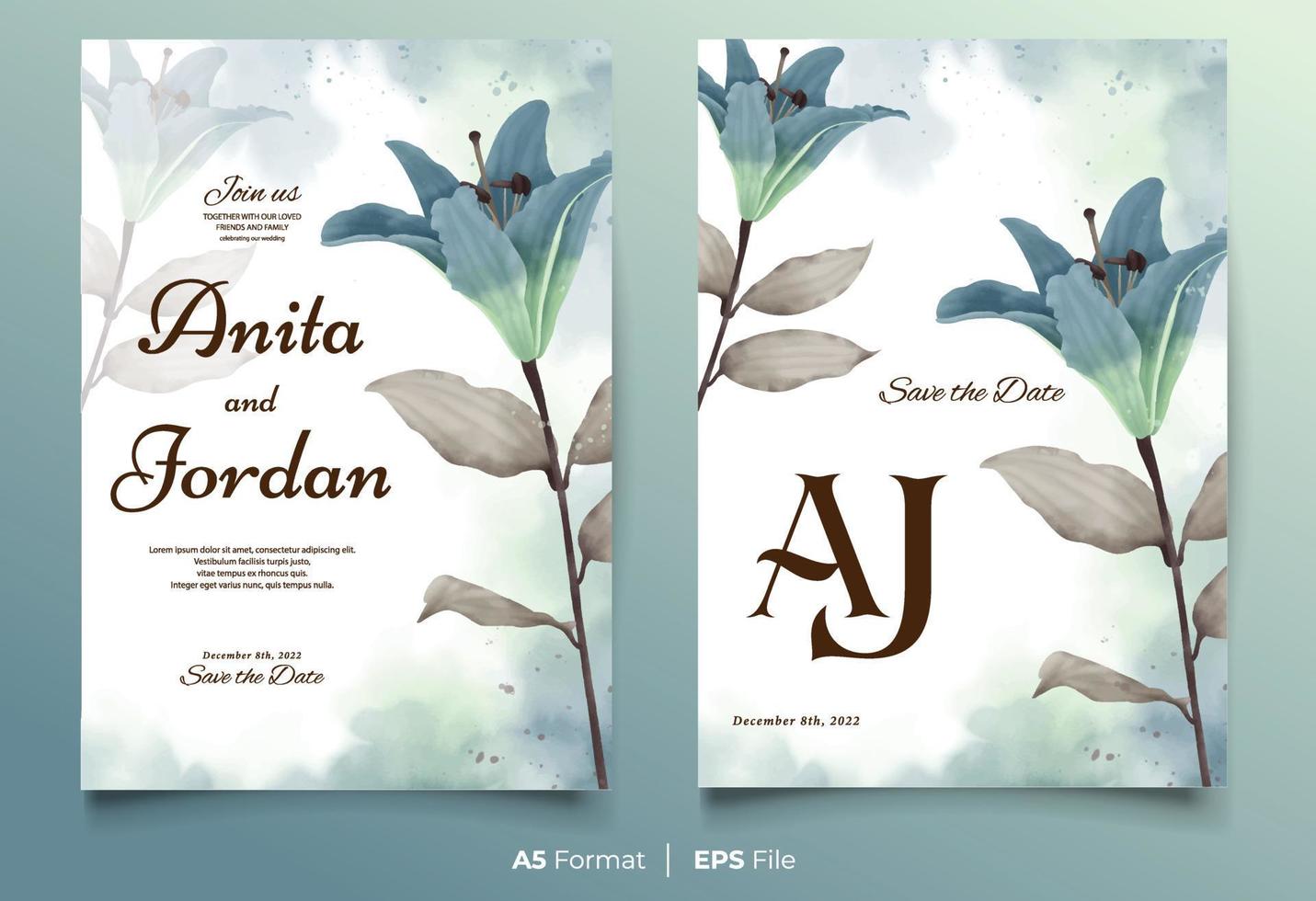 plantilla de invitación de boda de acuarela con adorno de flor azul y verde vector