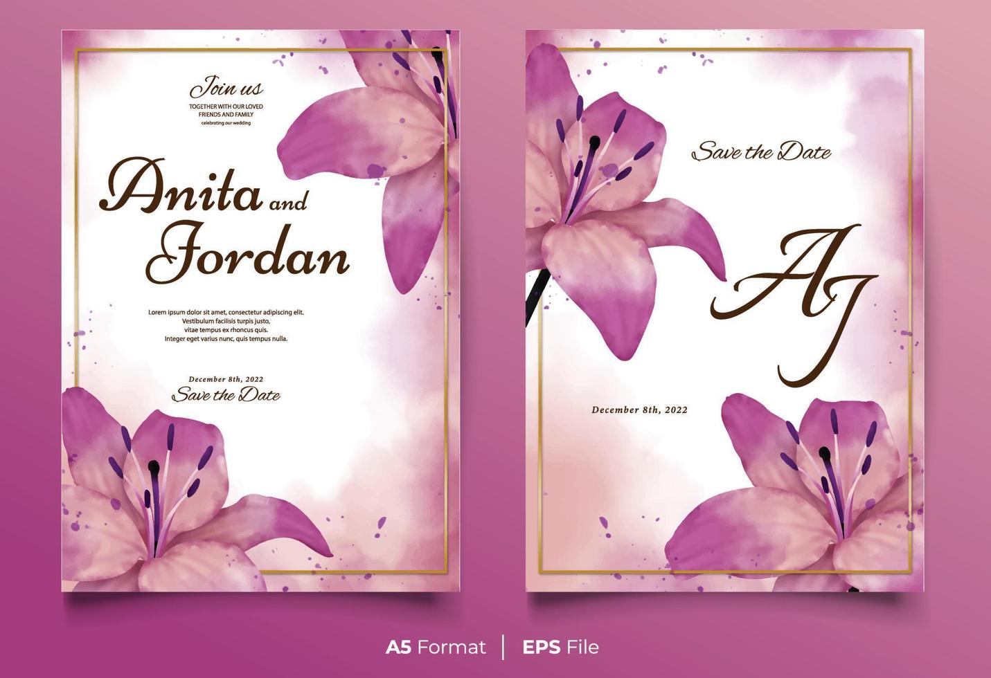 plantilla de invitación de boda de acuarela con adorno de flor rosa y púrpura vector