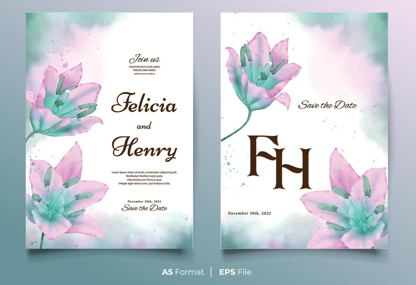 Watercolor wedding invitation template with pink and green flower ornament vector