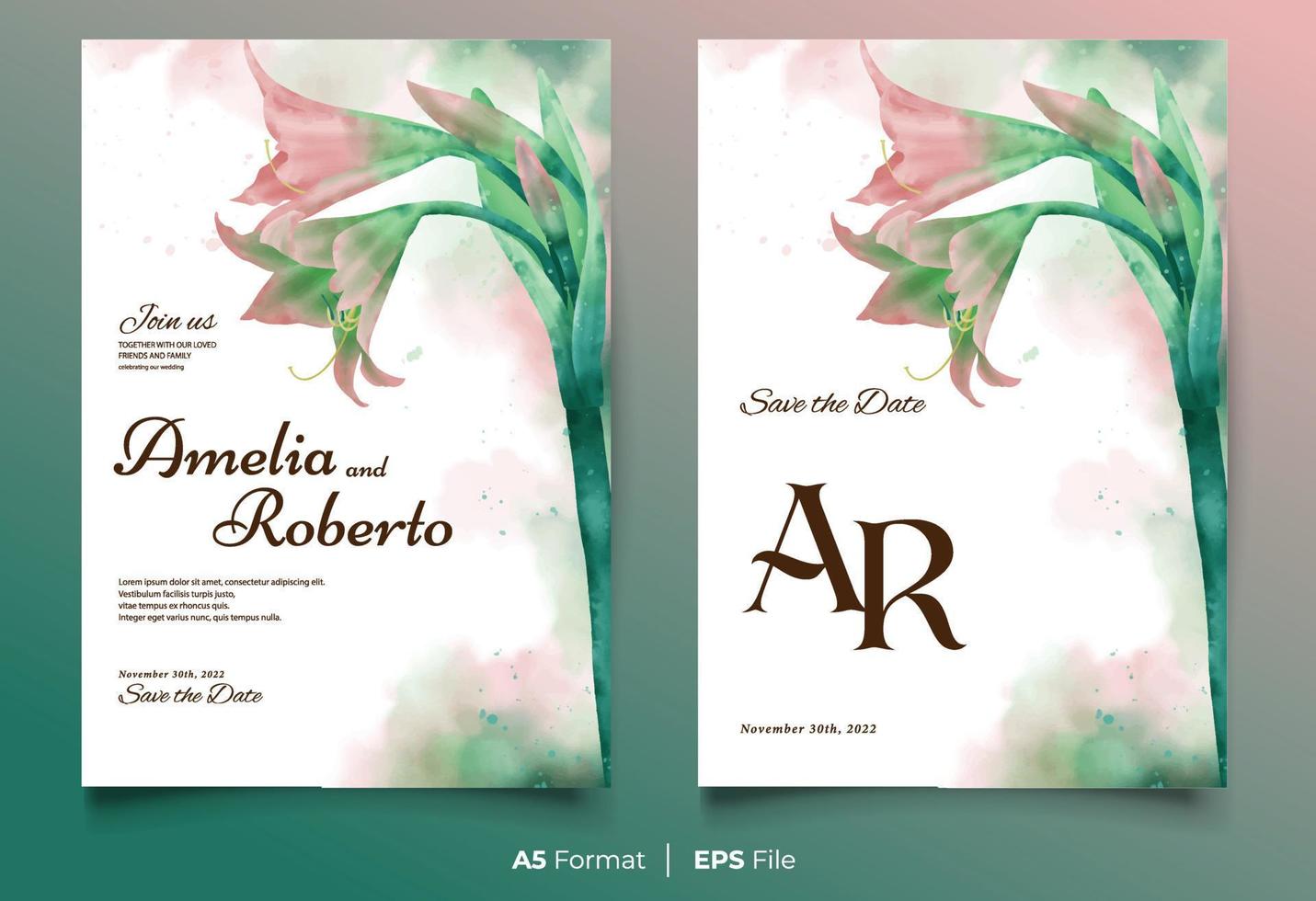 plantilla de invitación de boda de acuarela con adorno de flor rosa y verde vector