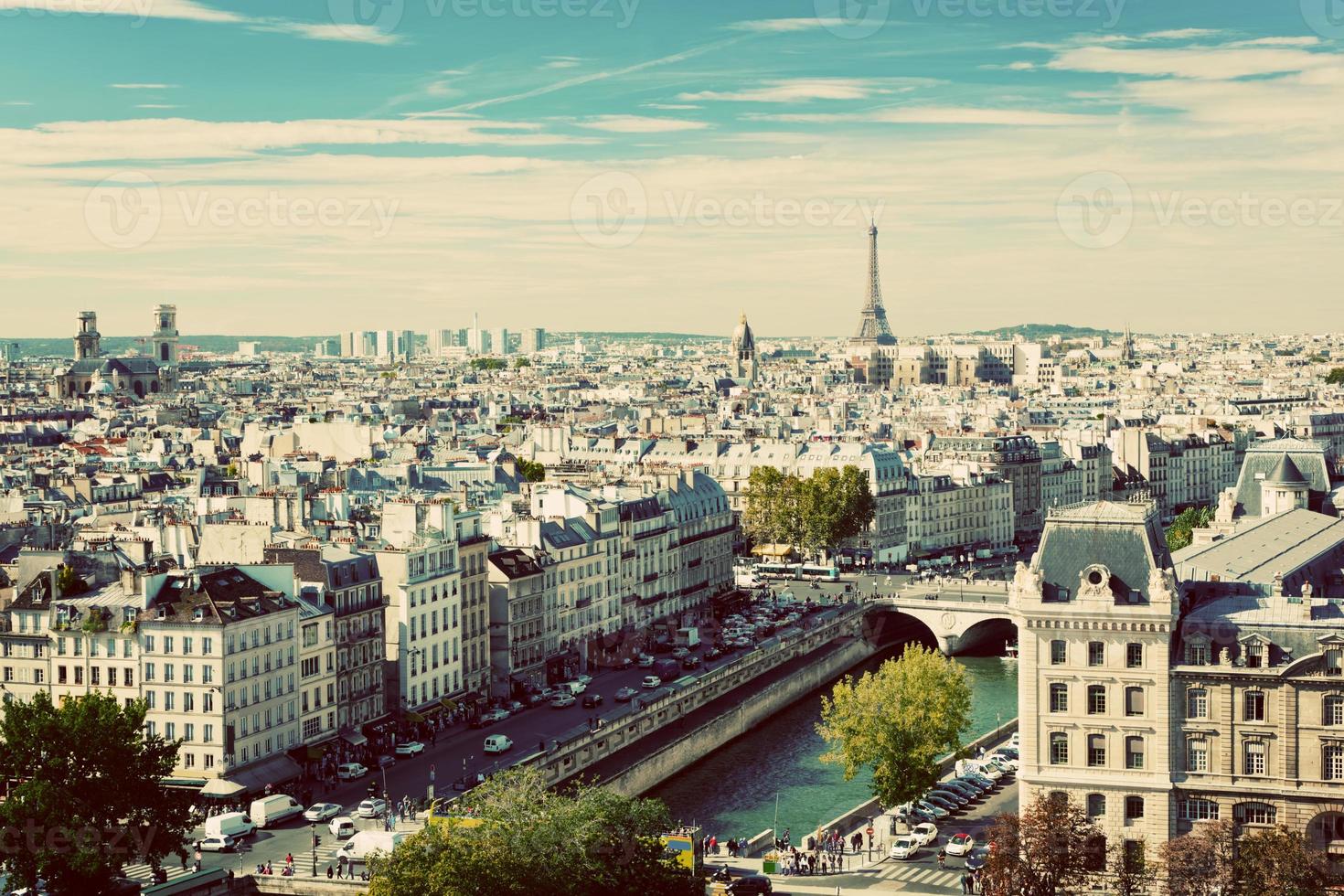 Paris panorama, France. Eiffel Tower, Seine river. Vintage photo