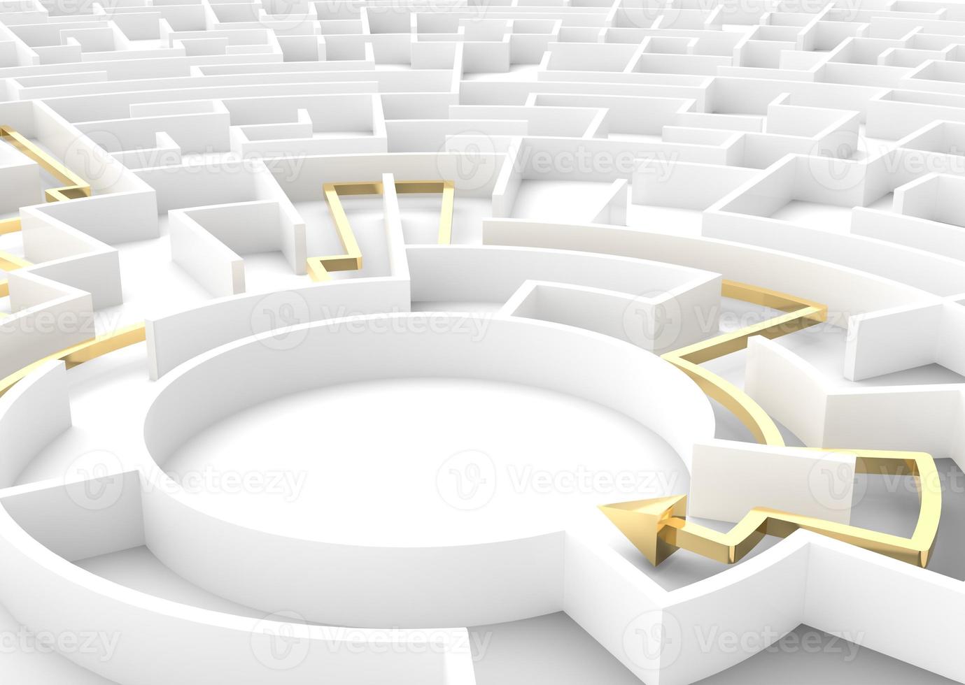 Gold arrow going through maze showing a solution. Business strategy concepts. photo