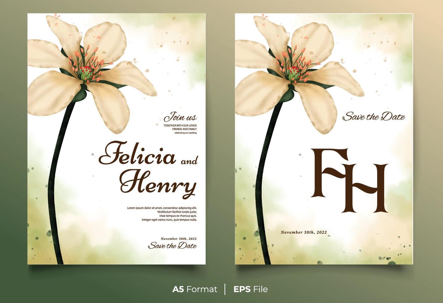 Watercolor wedding invitation template with peach flower ornament vector