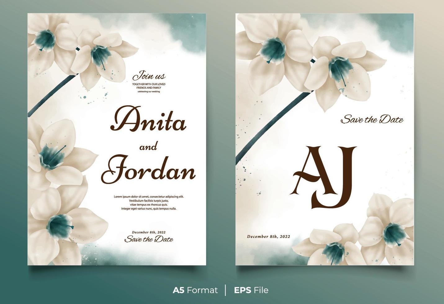 plantilla de invitación de boda de acuarela con adorno de flor de durazno vector