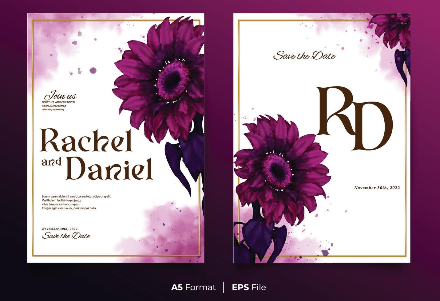 plantilla de invitación de boda de acuarela con adorno de flor violeta vector