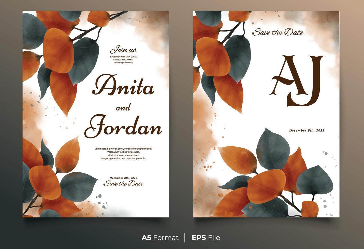 Watercolor wedding invitation template with orange and black flower leaf ornament vector