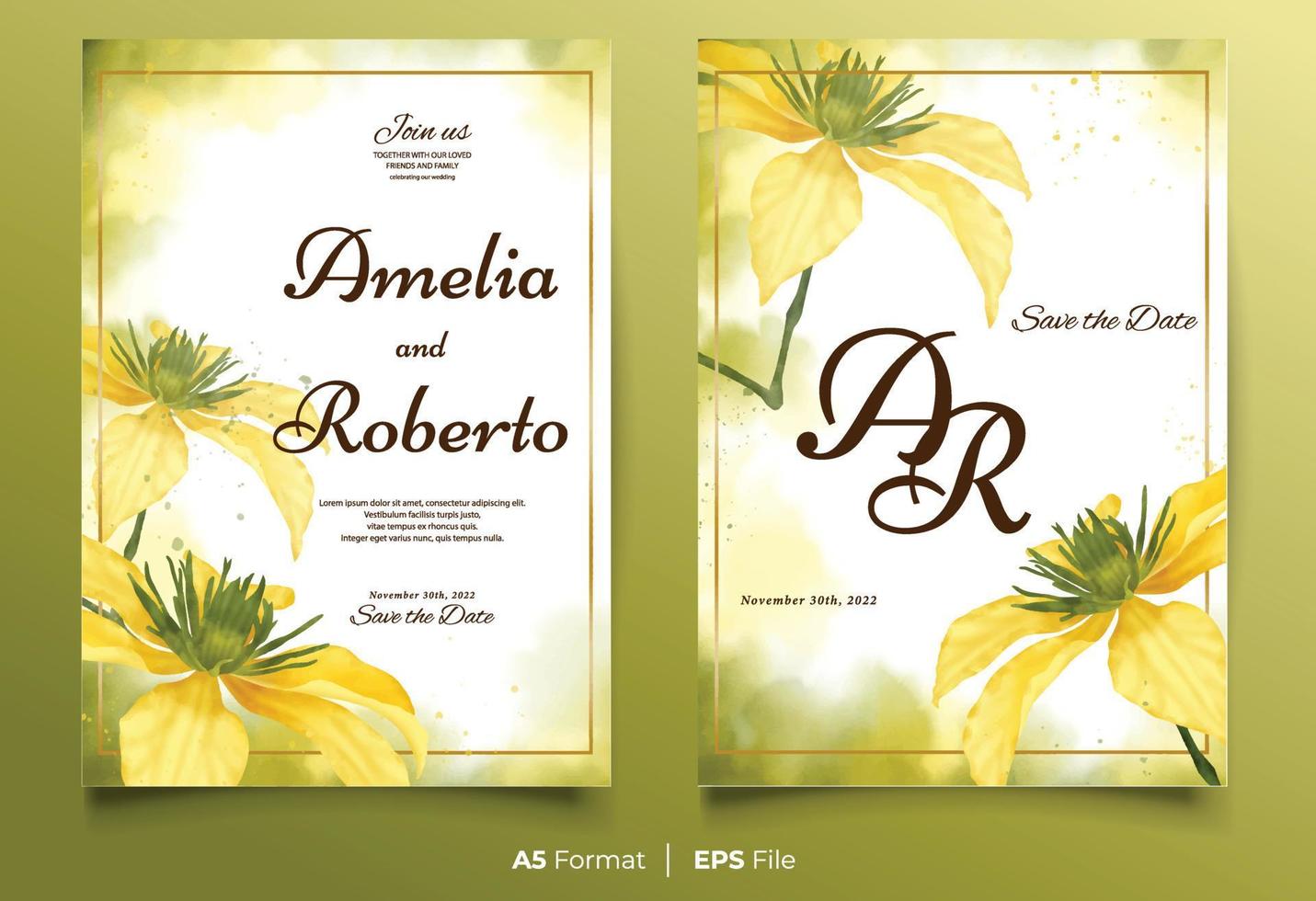 plantilla de invitación de boda de acuarela con adorno de flor amarilla vector