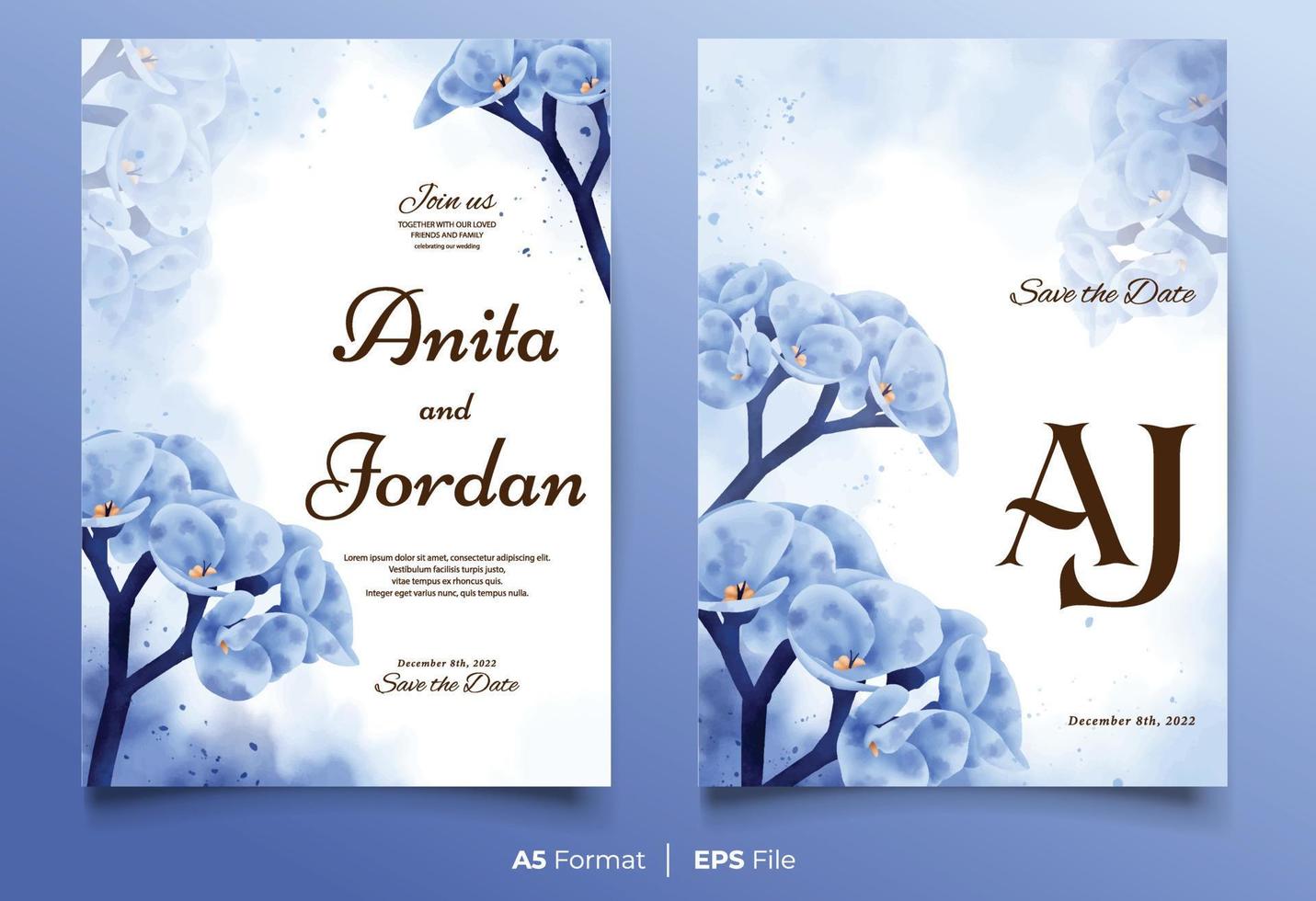 plantilla de invitación de boda de acuarela con adorno de flor azul vector