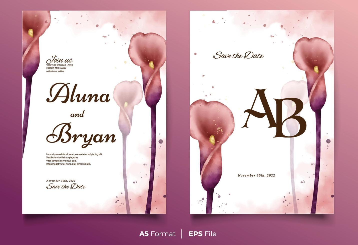 Watercolor wedding invitation template with peach and purple flower ornament vector