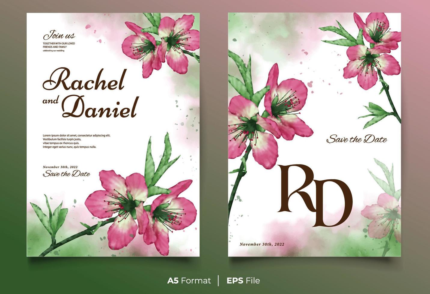 Watercolor wedding invitation template with pink and green flower ornament vector