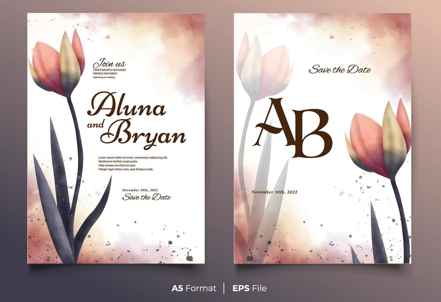 Watercolor wedding invitation template with peach flower ornament vector