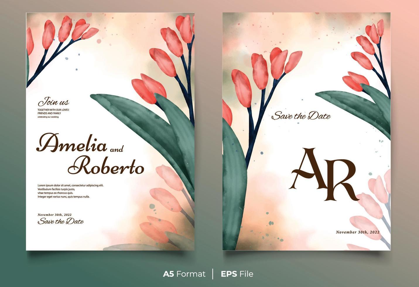 plantilla de invitación de boda de acuarela con adorno de flor rosa y verde vector