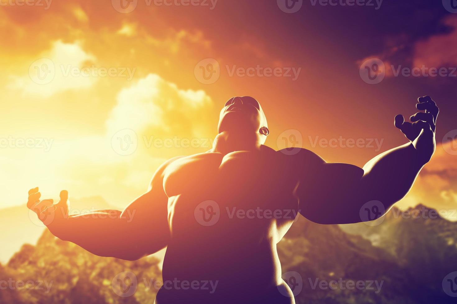 Muscular strong man with hero, athletic body shape expressing his power and strength photo