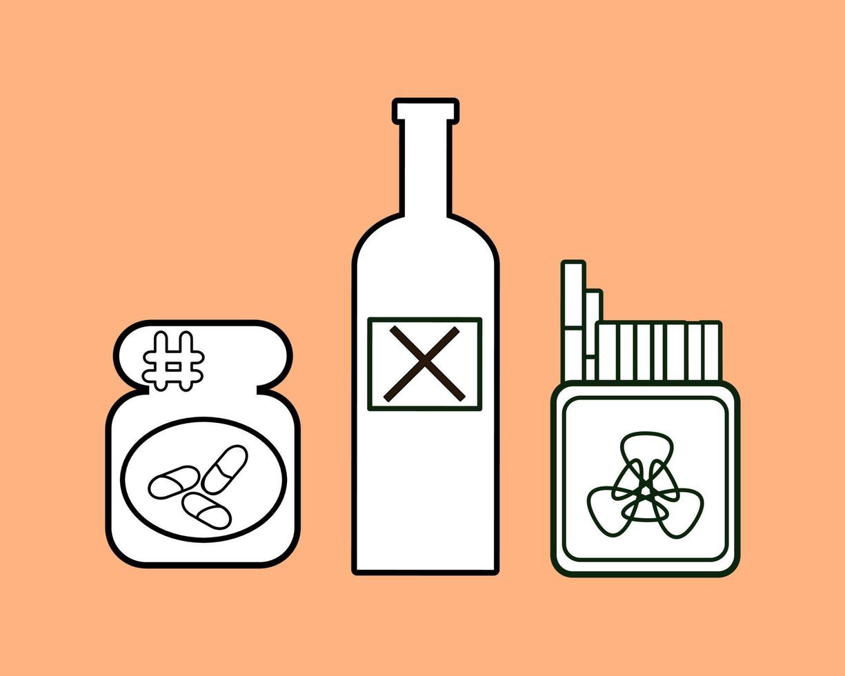 vector illustration addiction pack alcohol, drug pills, and cigarretes. Bad habit smoker, drunker, junkies. line art good for element design