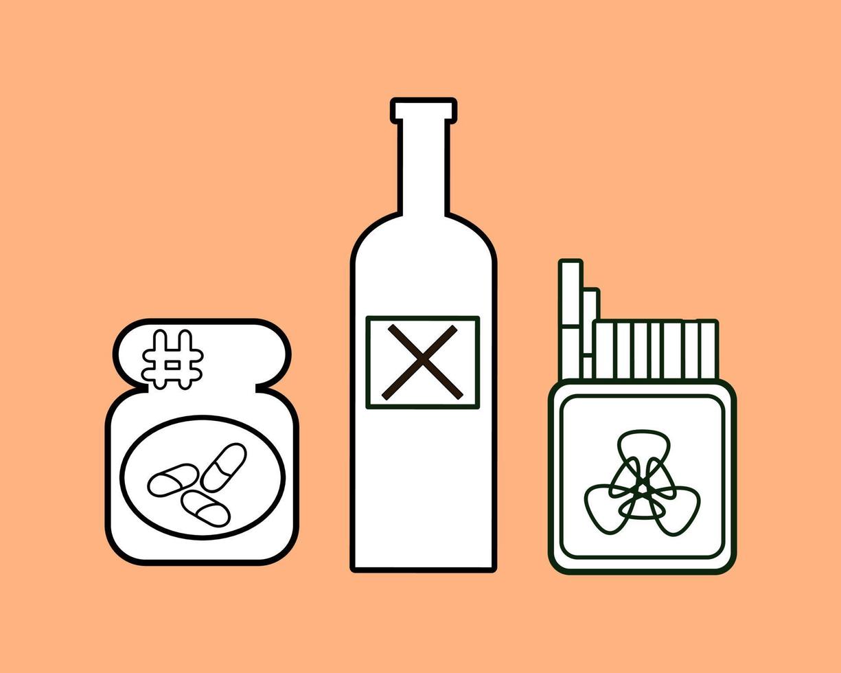 paquete de adicción de ilustración vectorial alcohol, pastillas de drogas y cigarrillos. Fumador por mala costumbre, borracho, yonqui. arte lineal bueno para el diseño de elementos vector