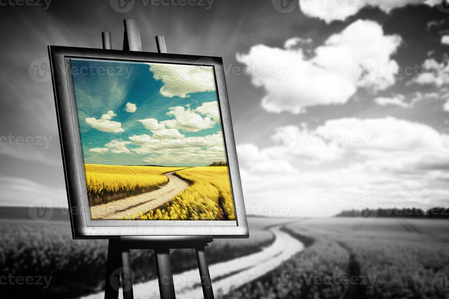 Landscape picture painted on canvas against black and white field photo