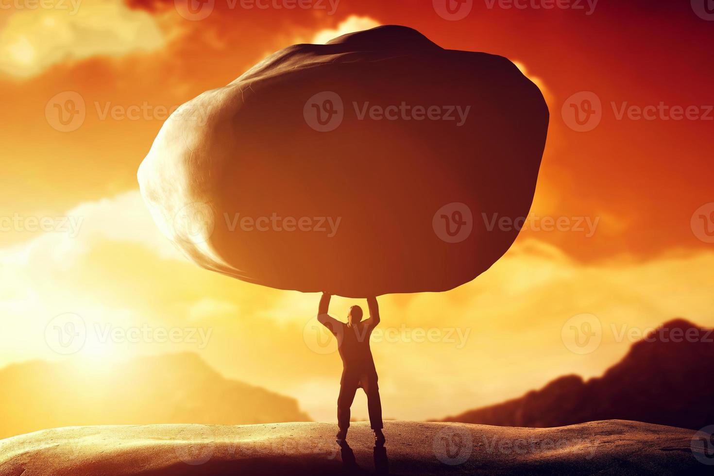 Man lifting a huge rock. Concept of strength, ballast, difficulty, power photo