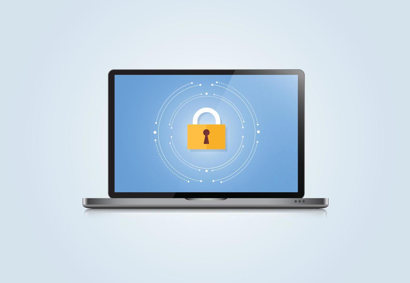 Concept is data security Center .Shield on Computer Laptop protect sensitive data. Internet security. Vector Illustration