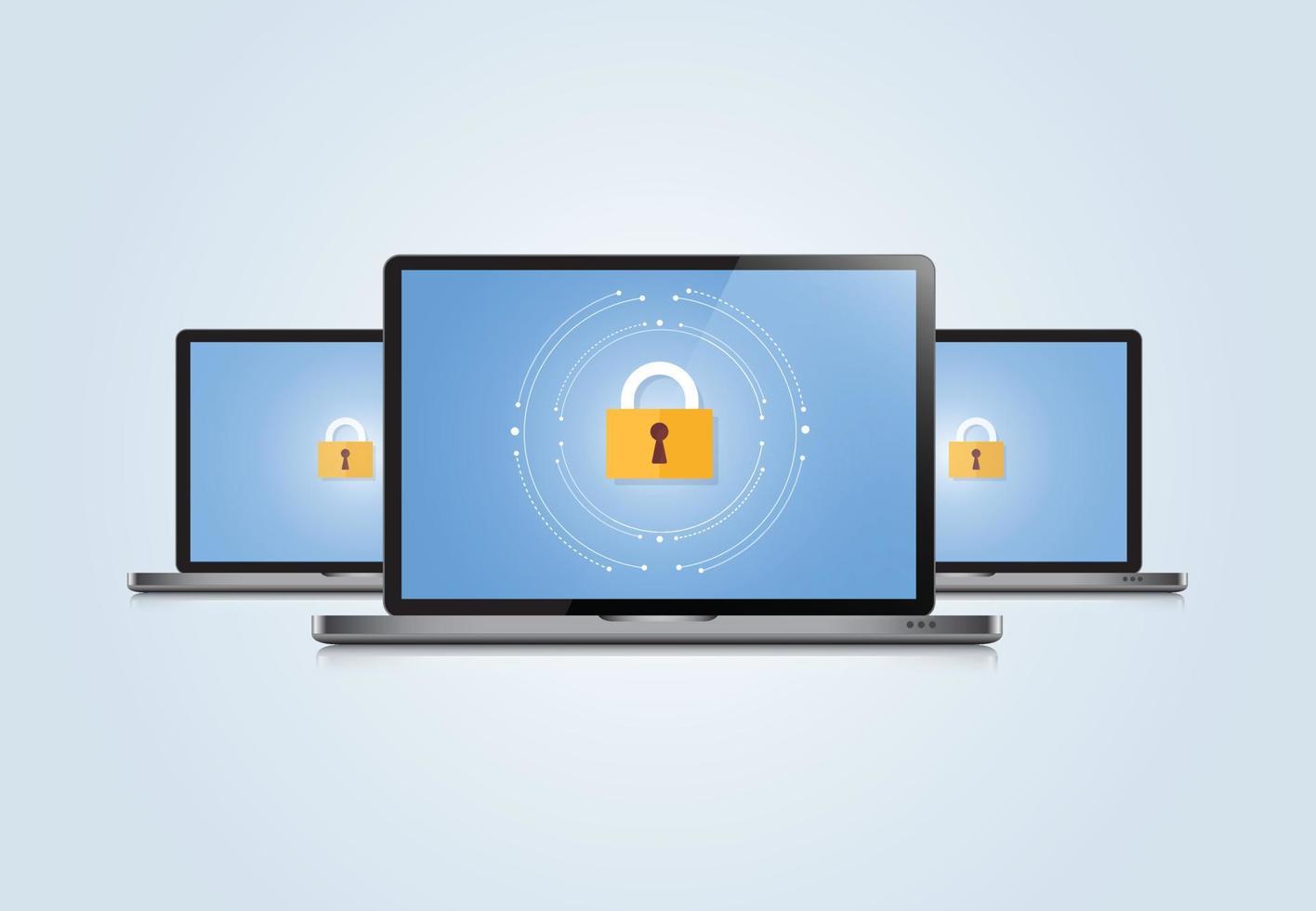 Concept is data security Center .Shield on Computer Laptop protect sensitive data. Internet security. Vector Illustration