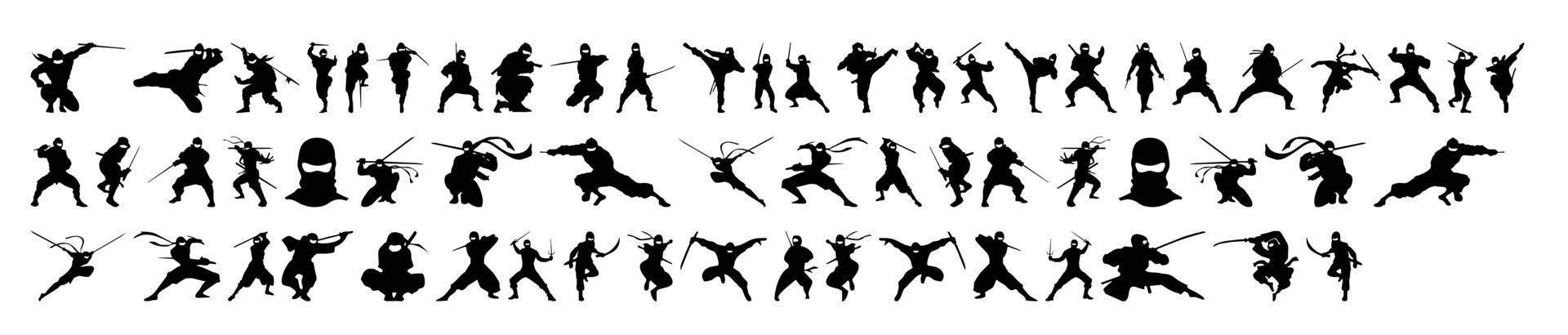 colección de vectores de silueta ninja sobre un fondo blanco